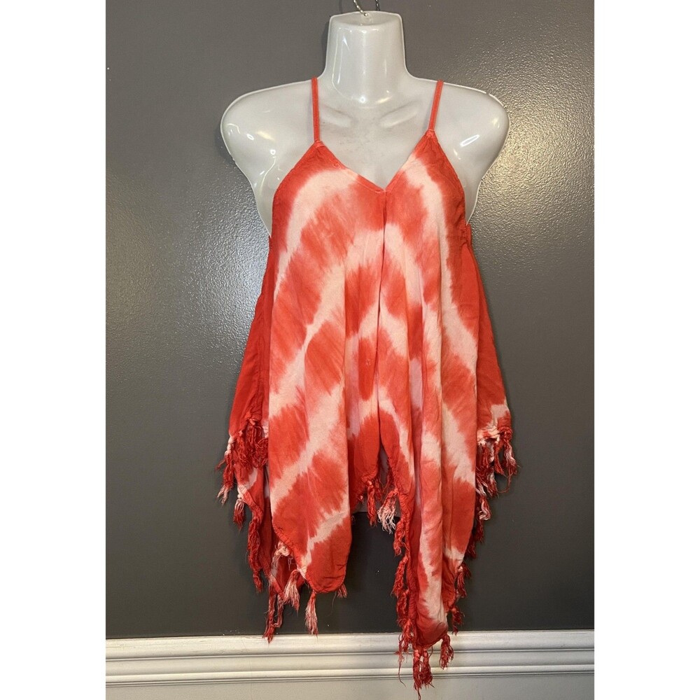 Mimi Shirt Womens Large Red White Tie Dye Cami Tassel Fringe Handkerchief Boho